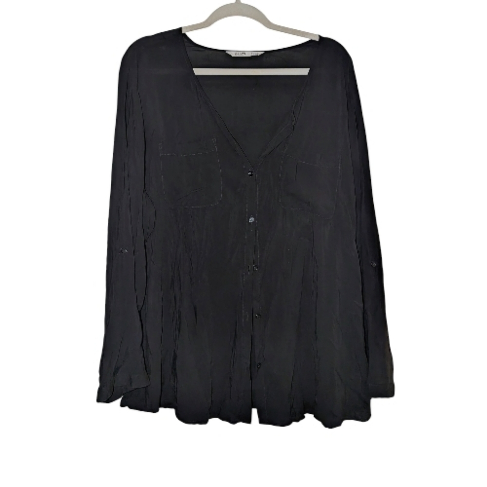 Old Navy Black Rayon Roll-Tab Sleeve Button Down Blouse XXL EUC